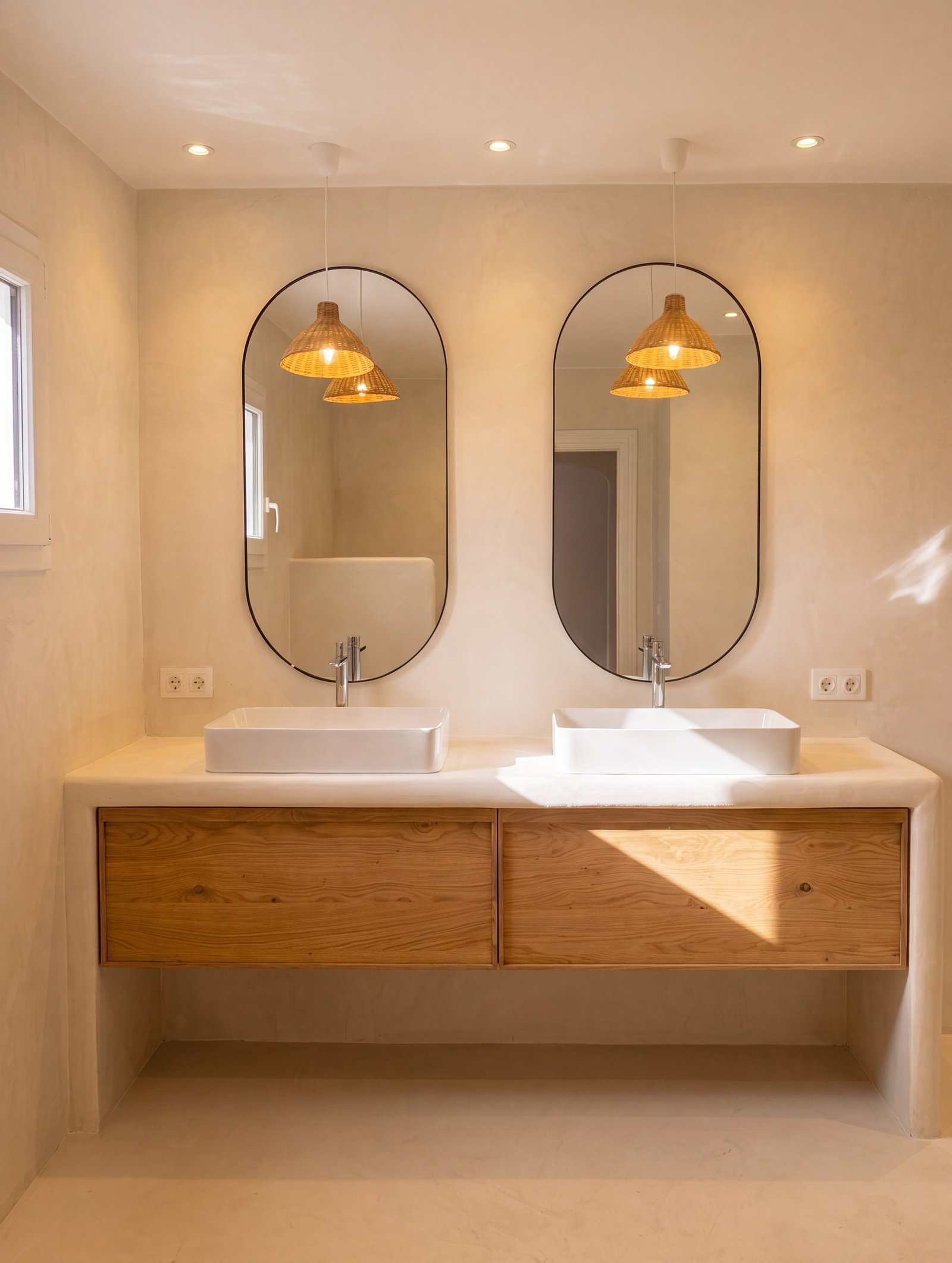 Baño reformado en microcemento, doble lavabo con espejos a juego