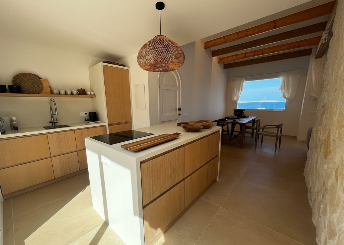 Cocina en microcemento con vistas al mar en Arenal d'en Castell