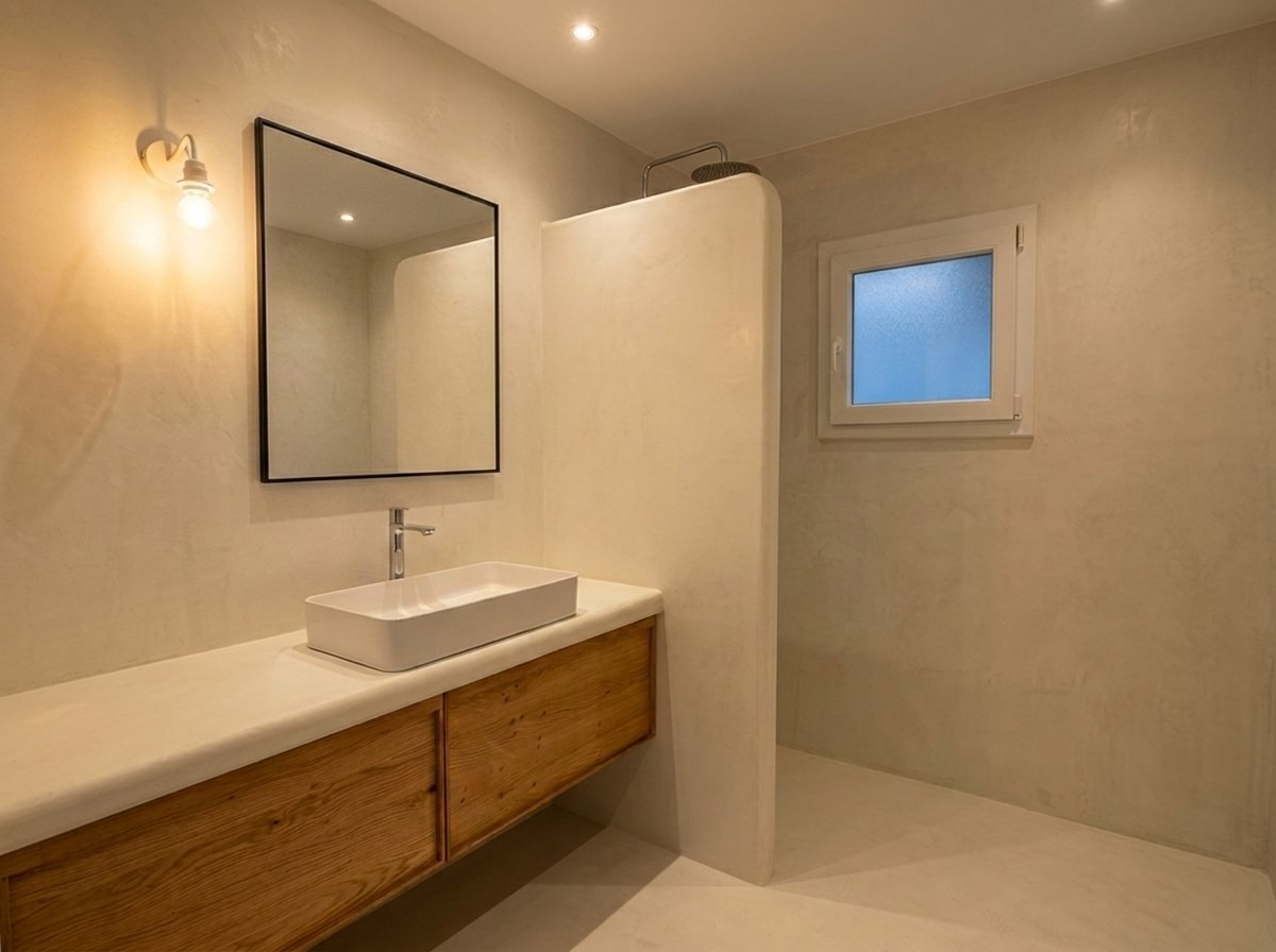 Baño reformado con ducha de obra en microcemento