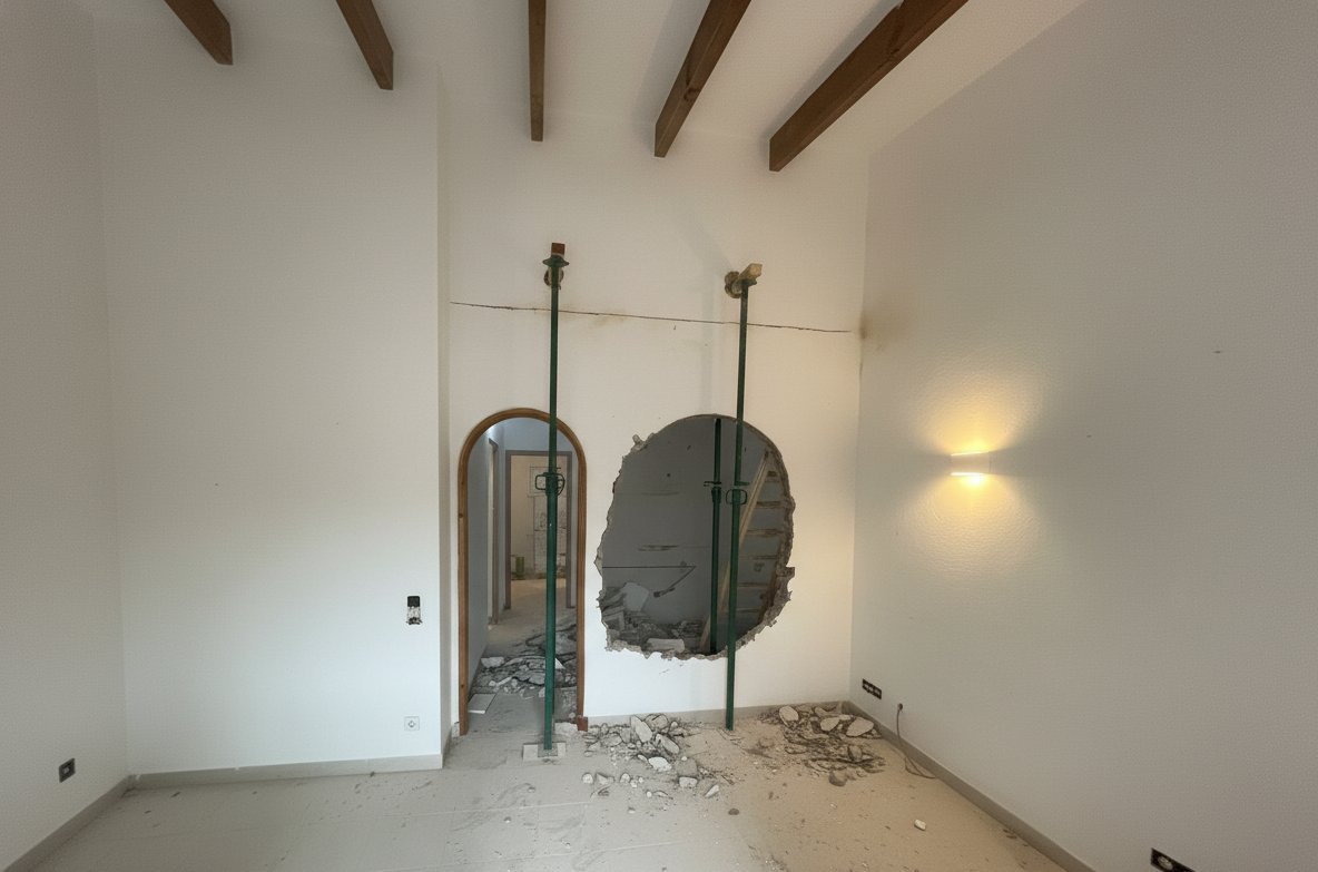 Salón en obra, con vigas al descubierto, en el Apartamento Golf