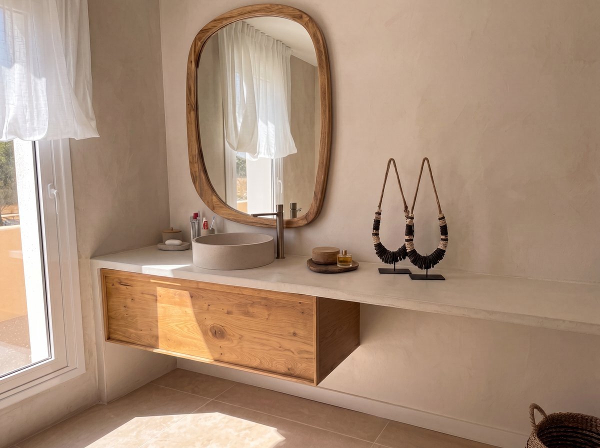 Encimera de microcemento en mueble de baño con lavabo redondo y espejo de madera