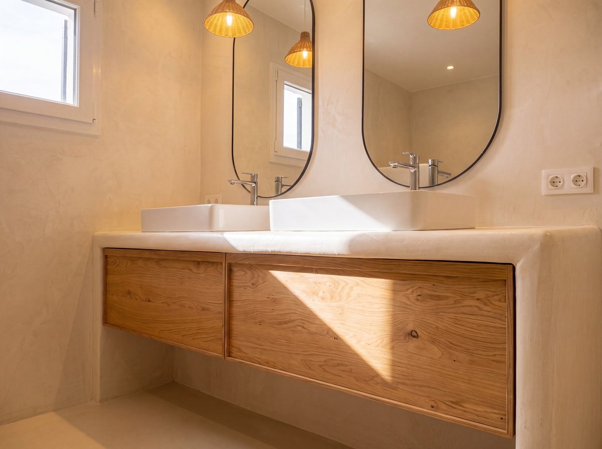 Doble lavabo sobre mueble de microcemento con espejos ovalados