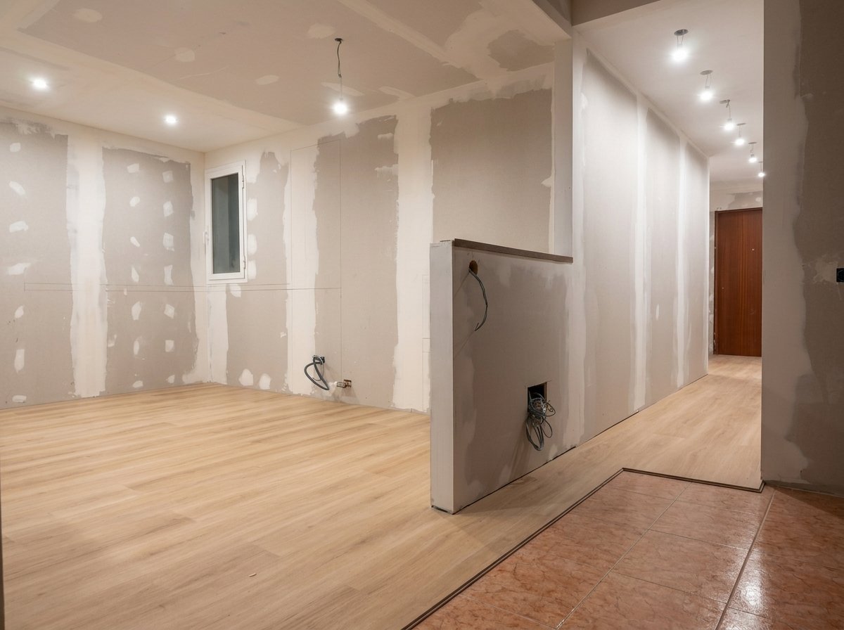 Parquet instalado en salón con tabiques de pladur sin pintar al fondo, en obra