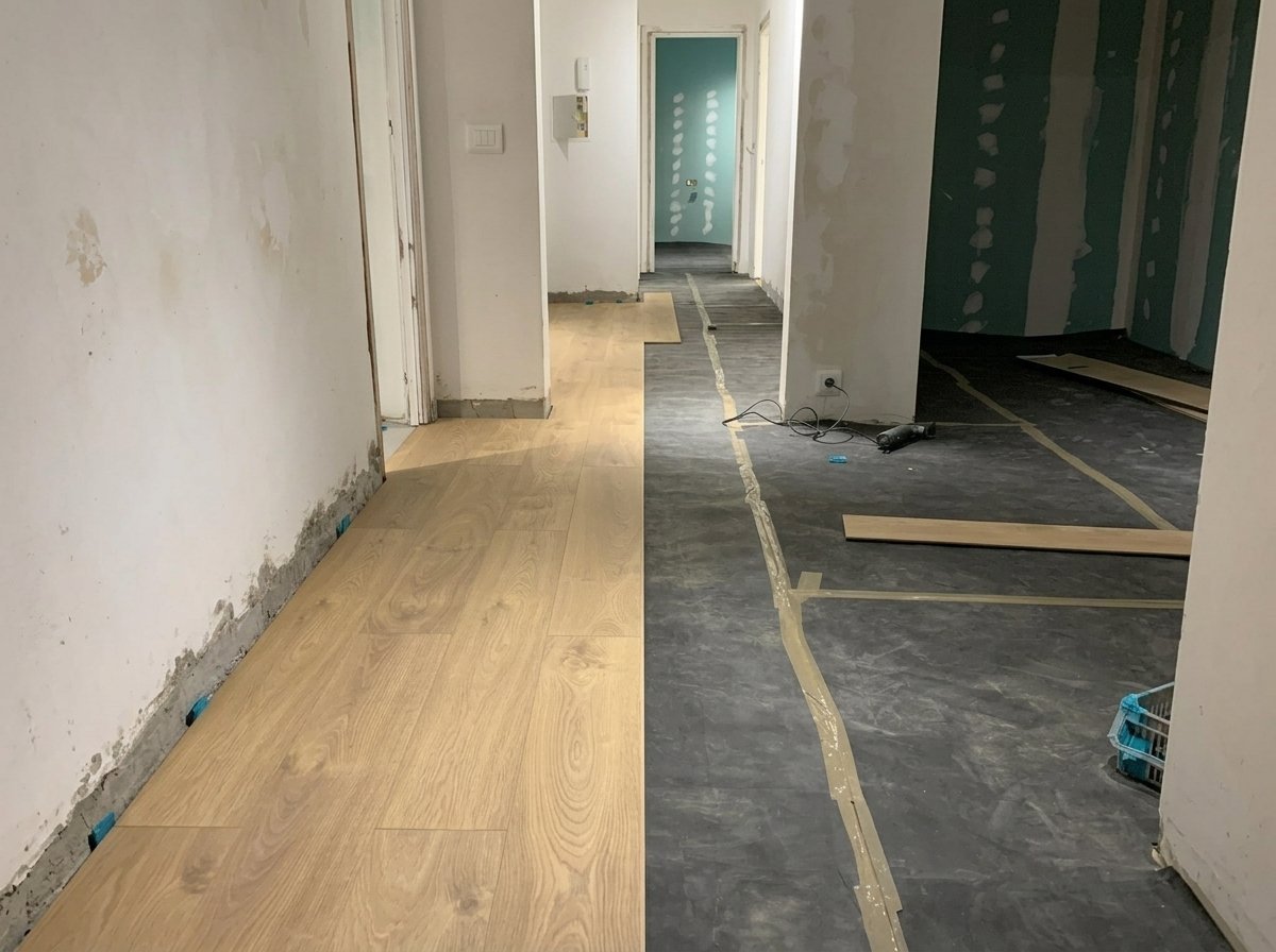 Instalación de parquet en pasillo, mitad colocado y mitad pendiente, en obra