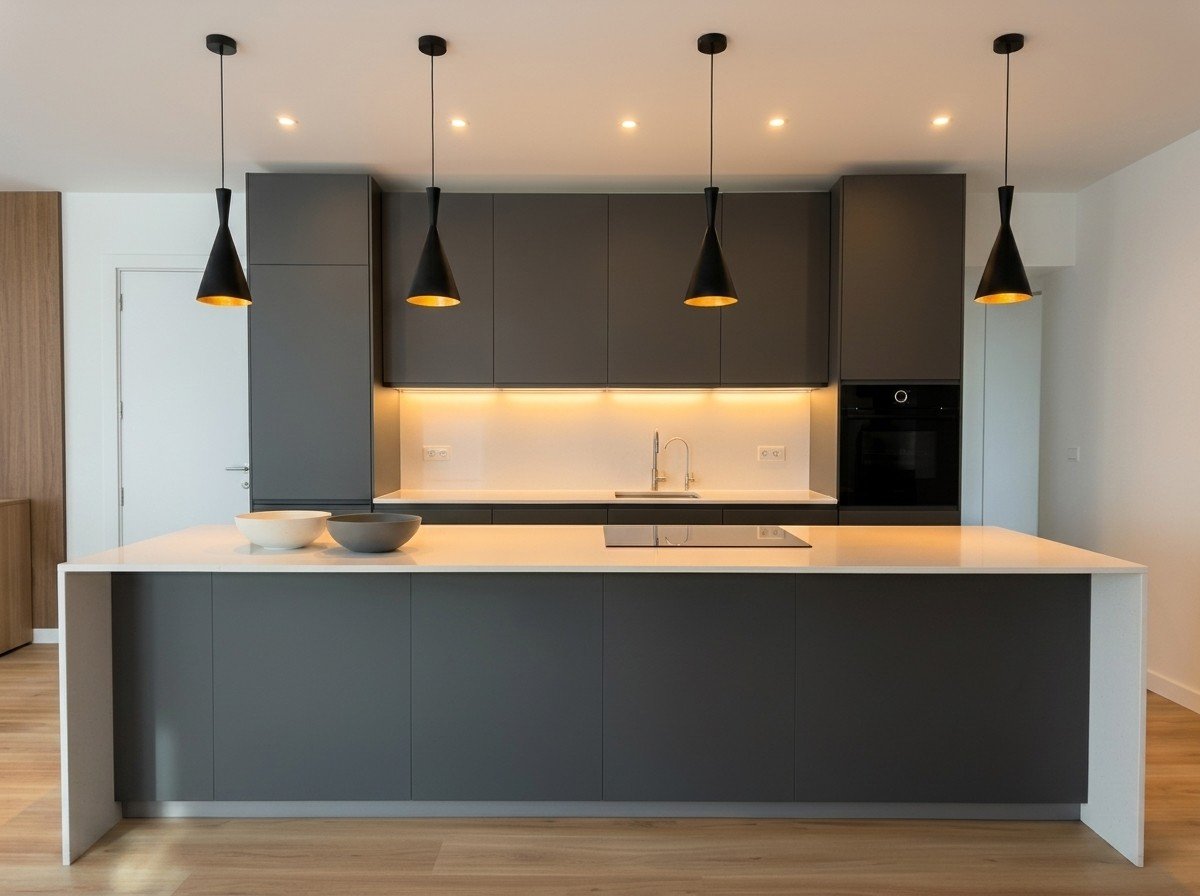 Cocina en isla con muebles grises en el piso reformado de Roberto, Mahón