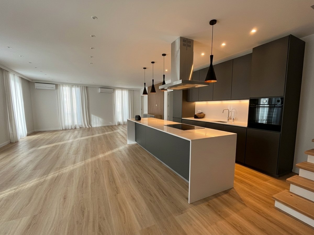 Salón y cocina abiertos en el piso reformado de Mahón