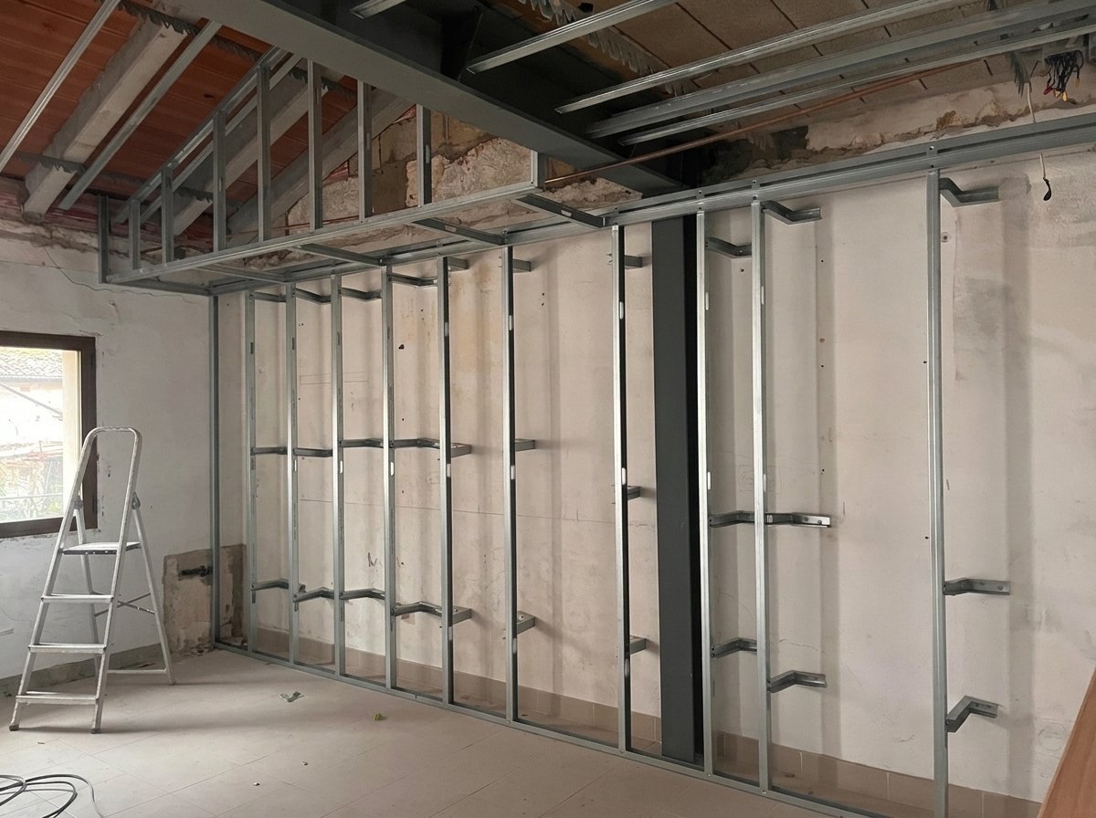 Estructura metálica de pladur junto a viga de acero, en obra